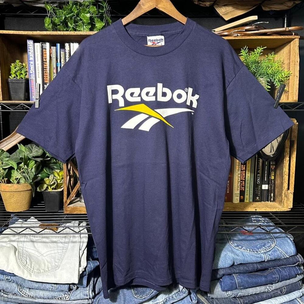 Vintage 90s Reebok Single Stitch Tee Shirt Navy Blue Spell Out Big Logo Large